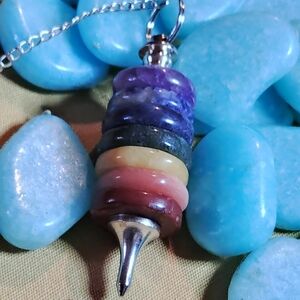 MULTI GEMSTONE  CHAKRA, DIVINING PENDULUM. CRYSTAL GRIP. 9 INCH TOTAL.